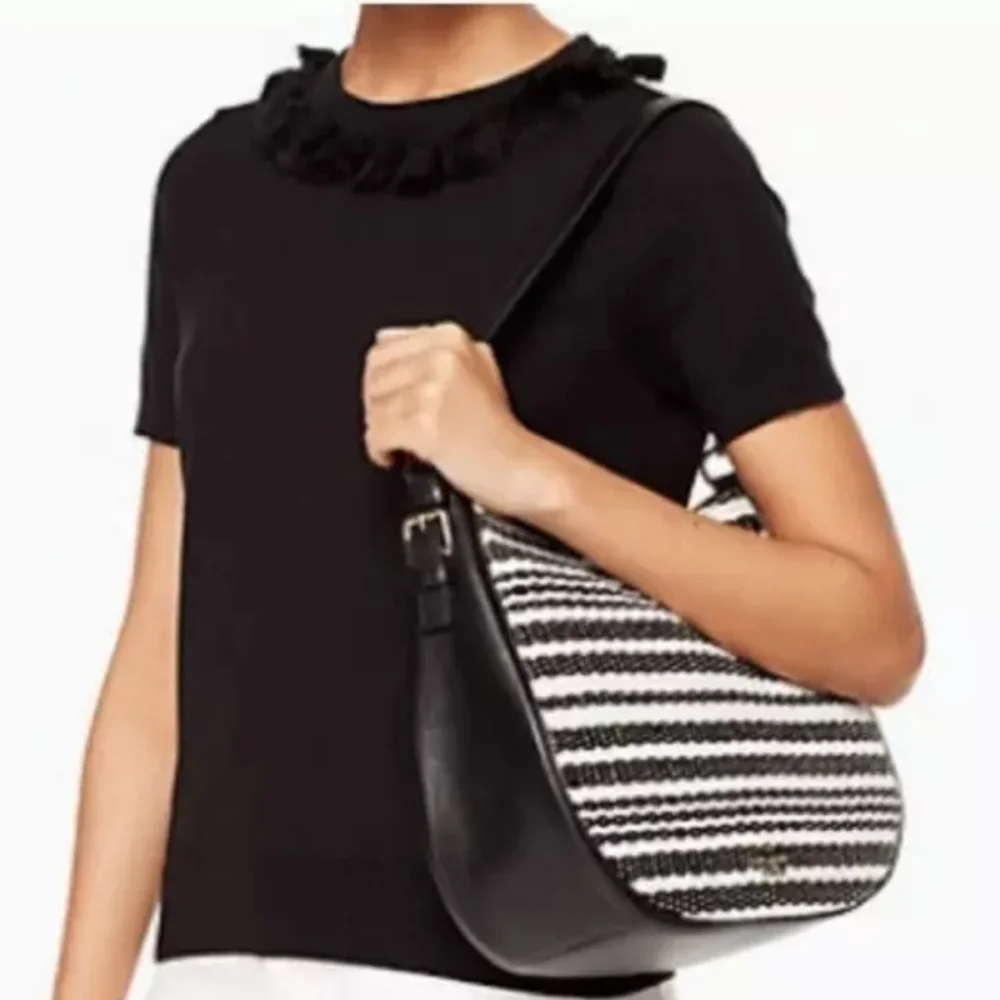 Kate Spade Large Cobble Hill Black Mylie Straw Raffia Hobo Bag NWOT